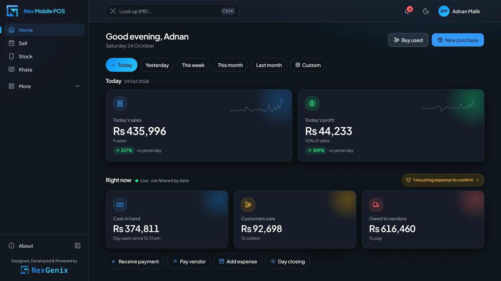 اللوحة الرئيسية بالوضع الداكن مع اتجاهات المبيعات والمخططات وأكثر الموديلات مبيعًا