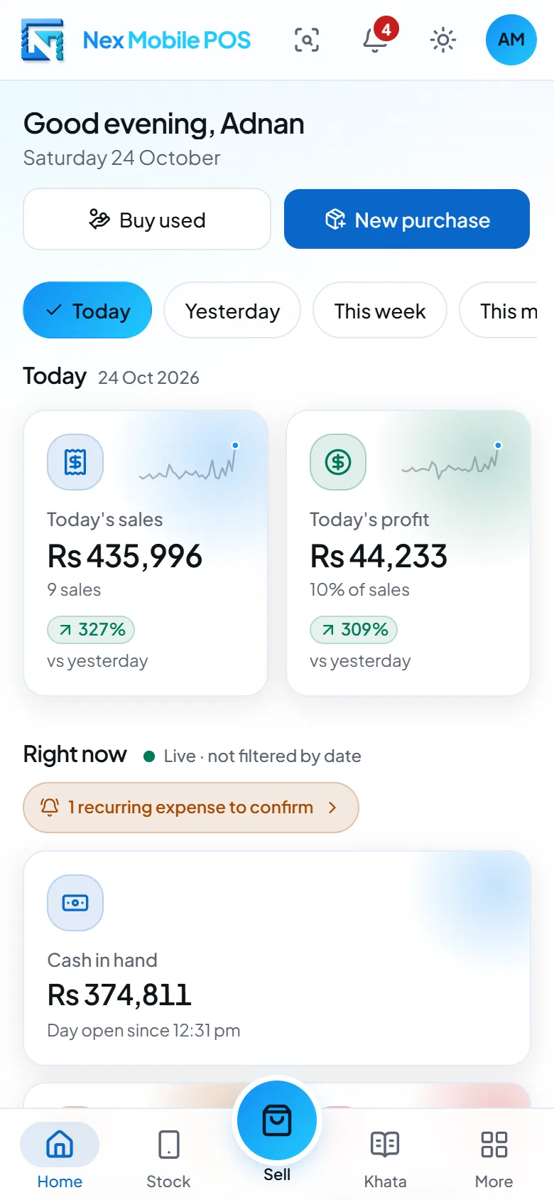手机屏幕上的 Nex Mobile POS 首页仪表盘,显示今日销售额、店内现金和在库手机