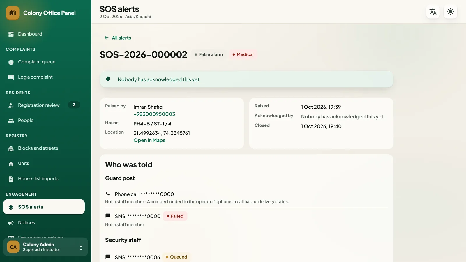 SOS alert with live red banner, acknowledgement and incident log