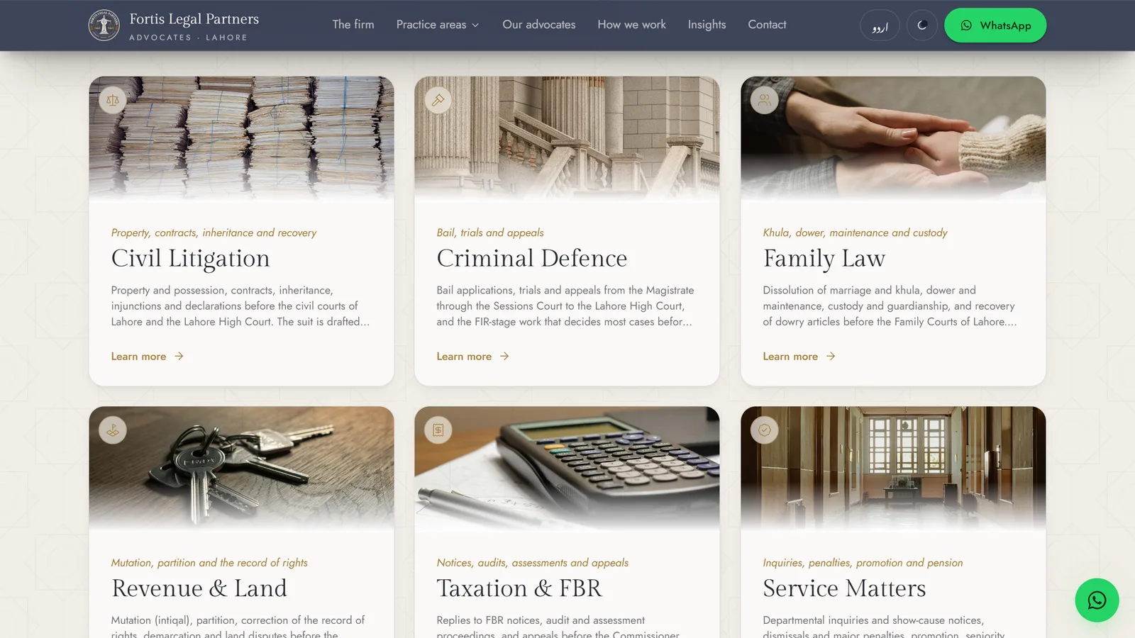 Practice areas — twelve areas of law, from civil and criminal litigation to customs, taxation and cyber crime, each with its own page.