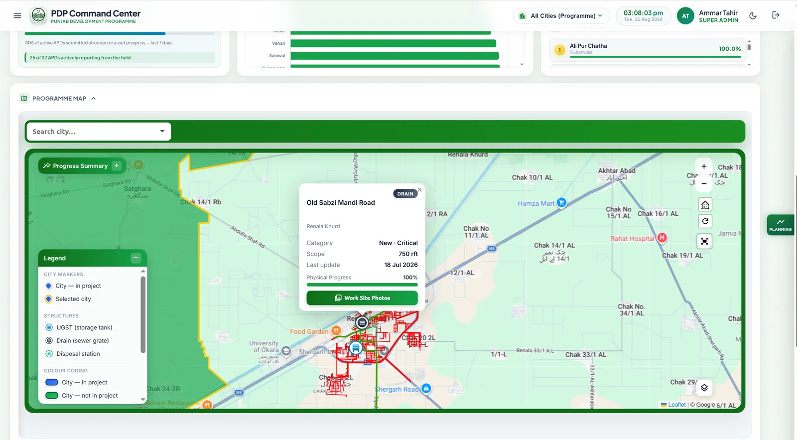 City-level GIS — individual drain and sewer alignments mapped to the street, each linked to its own progress record.