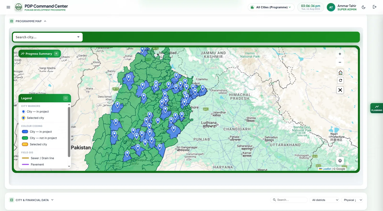 Programme map — every participating city plotted across Punjab, with GIS overlays for sewer, drain and pavement works.