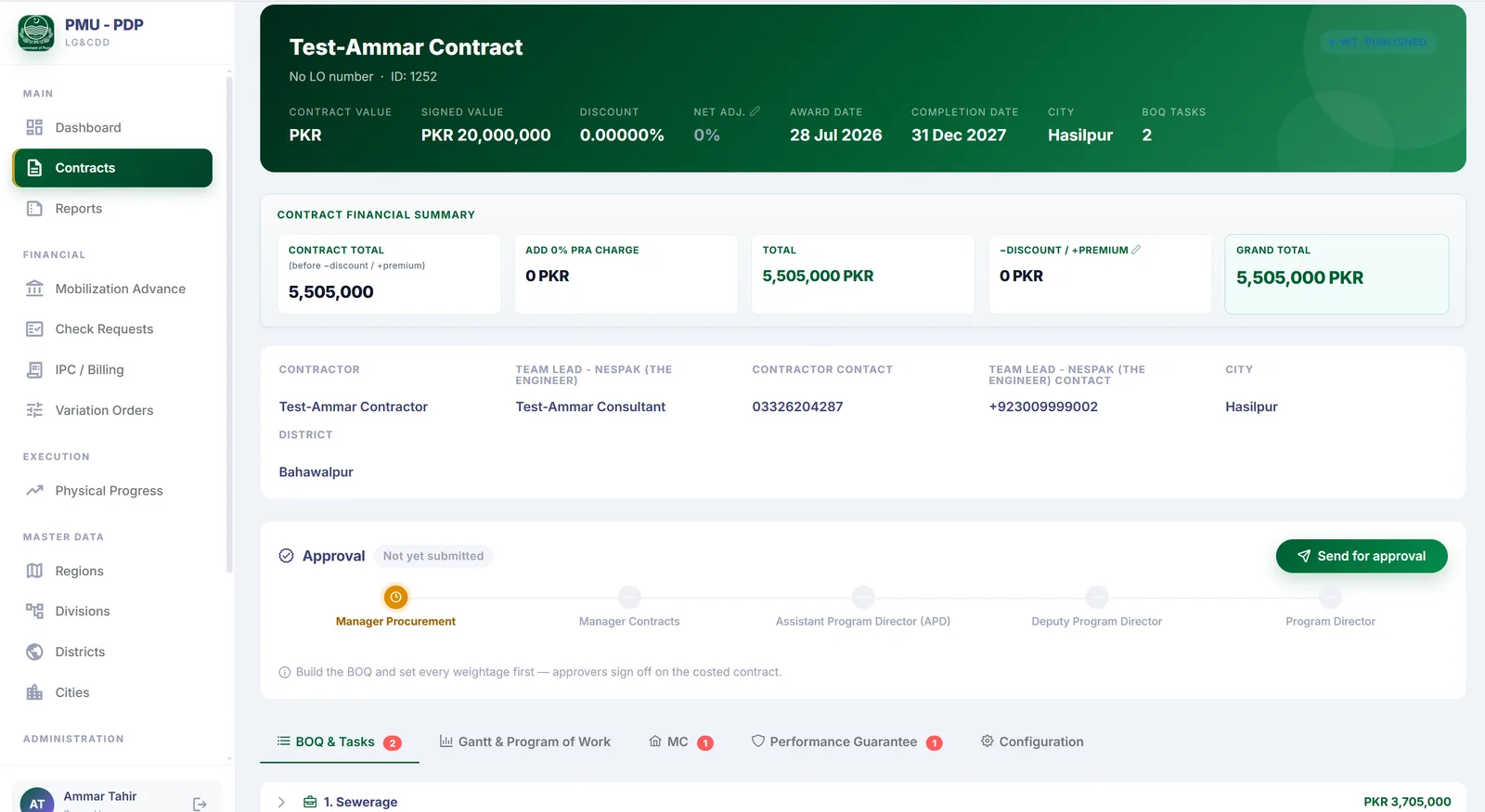 Contract record — financial summary, five-stage contract approval, and the Bill of Quantities task tree.