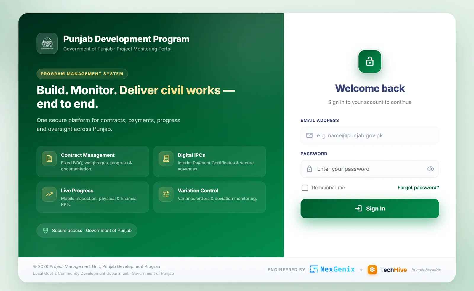Secure portal entry for the Program Management Unit, covering contracts, IPCs, progress and variation control.