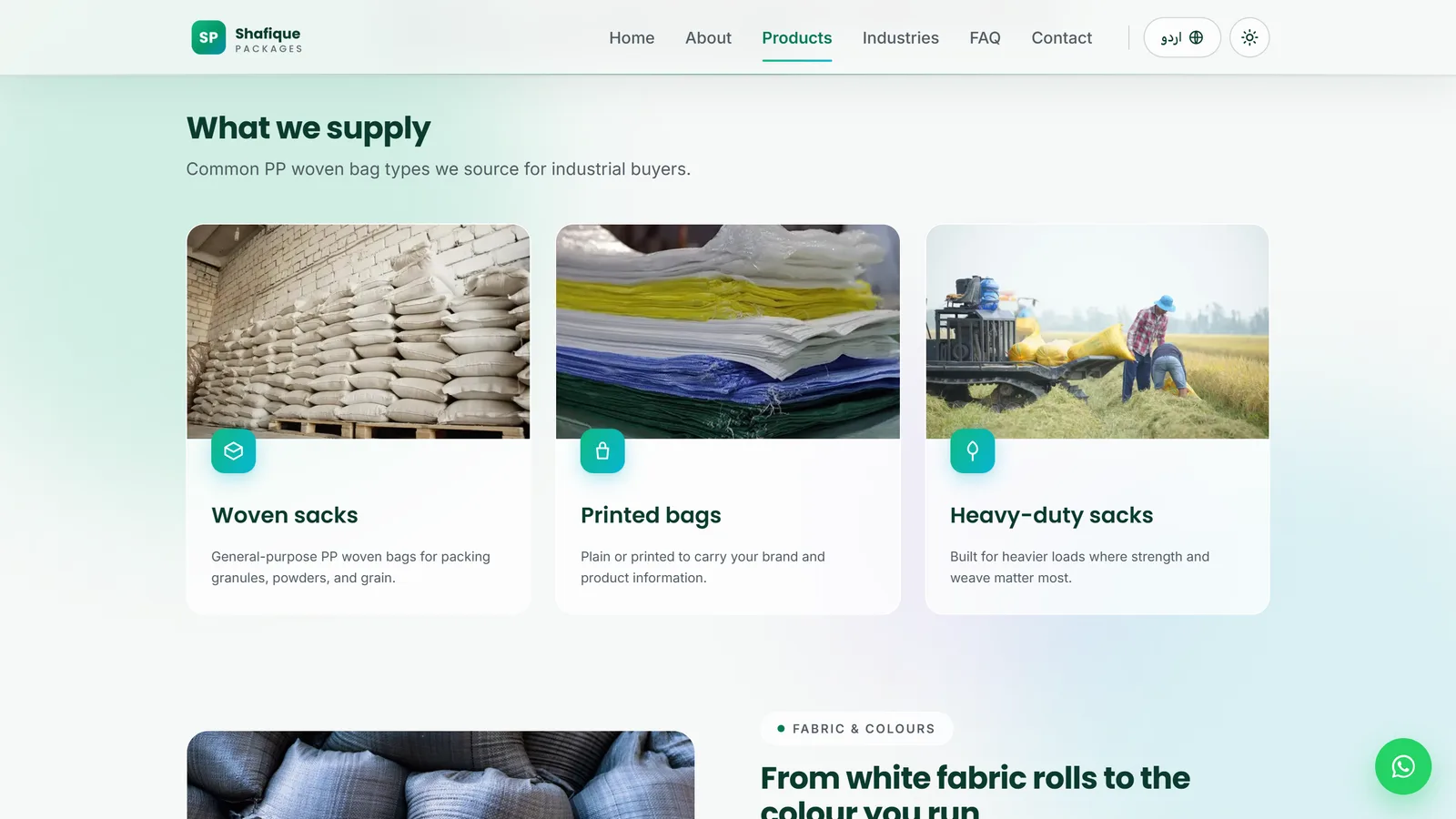 Products — bag families presented by construction and use, so a buyer can match a bag to their specification.
